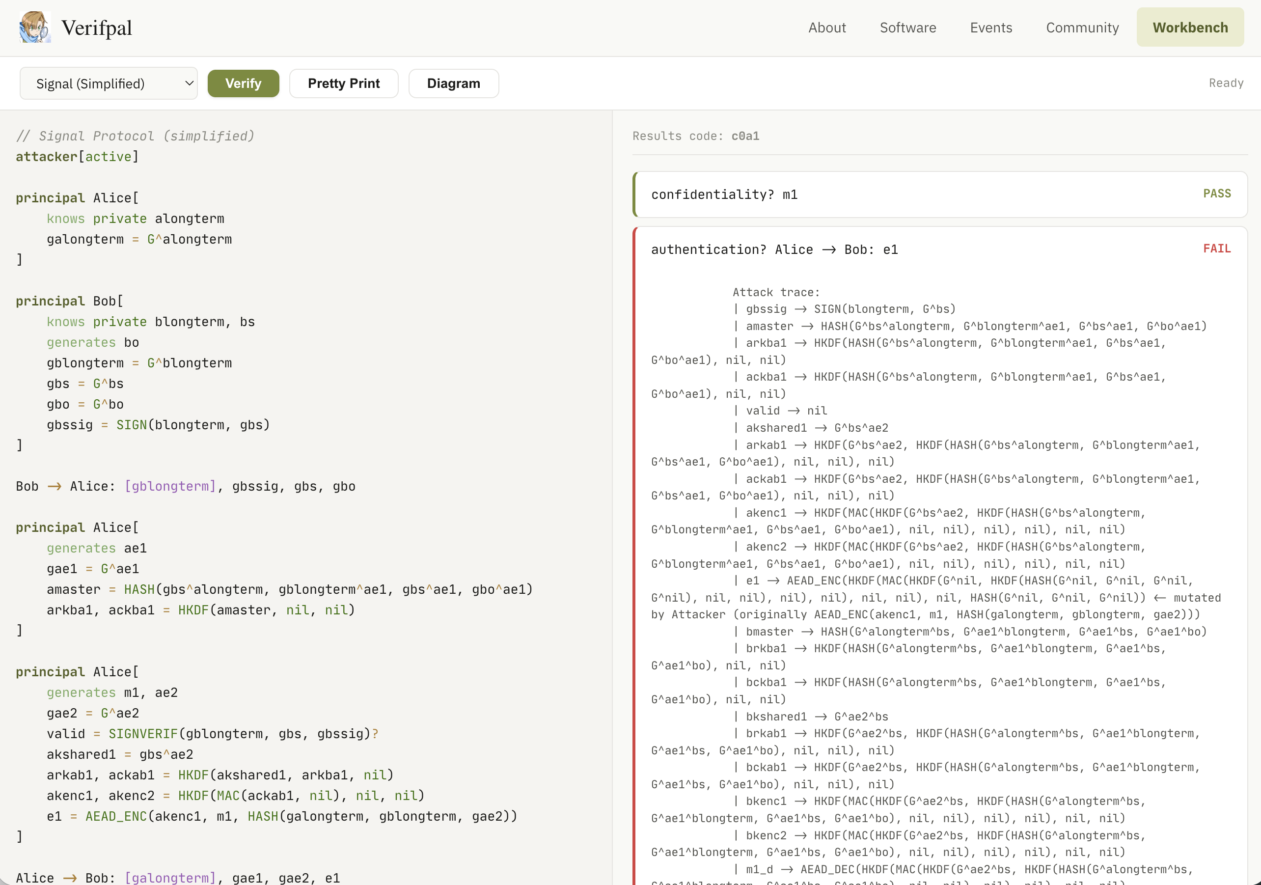 Verifpal Workbench analyzing the Signal protocol